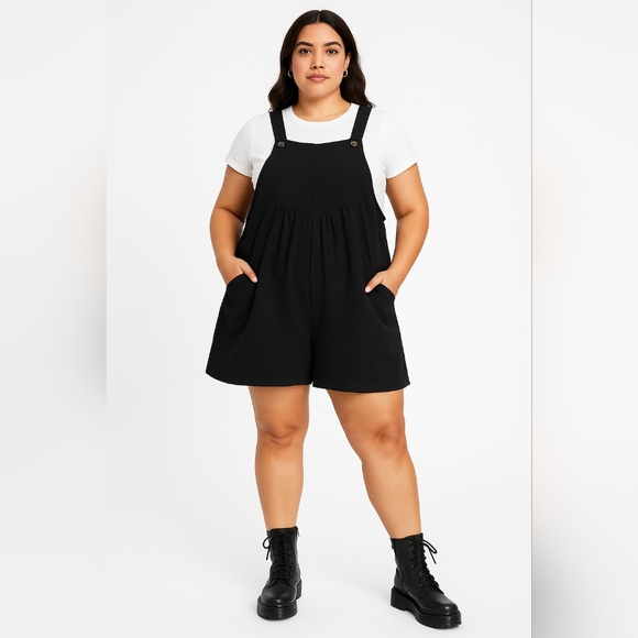 Black Overall Romper Plus Size 1X Adjustable Strap Pockets Casual Weekend Whimsy - Picture 1 of 8